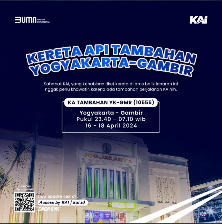 KAI Tambah Lagi KA Tambahan Khusus Relasi Yogyakarta – Gambir PP untuk Arus Balik Lebaran