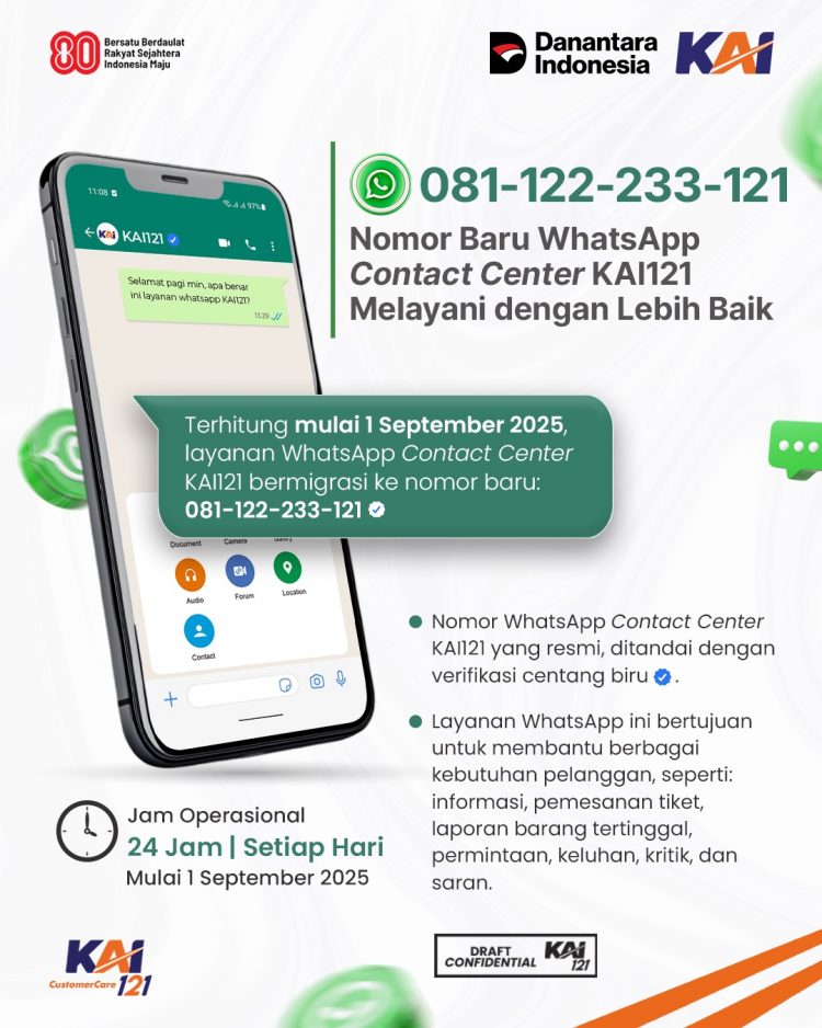 Nomor WhatsApp Contact Center KAI121 Berubah