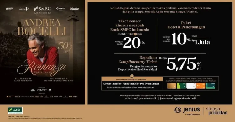 SMBC Indonesia Tawarkan Benefit Konser Andrea Bocelli